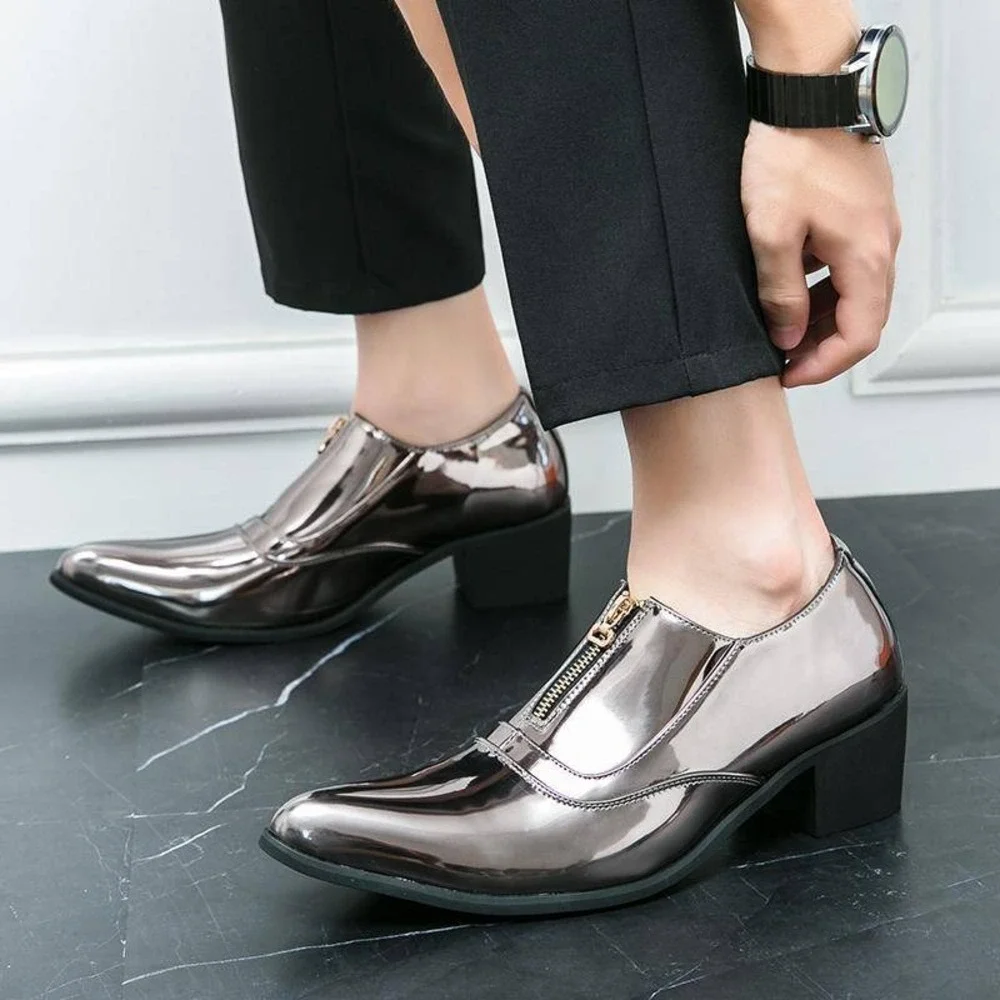 Santimon Men's US 9 Silver Bright Slip-on Opera Pumps Leather w/ SMALL SCUFF Hig